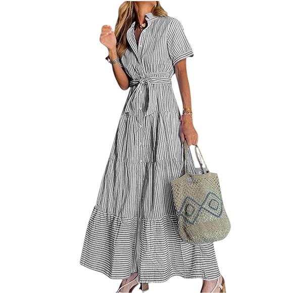 UTCOCO NWT Black Striped Maxi Dress with Belt Size Medium—ordered wrong size - Picture 1 of 5